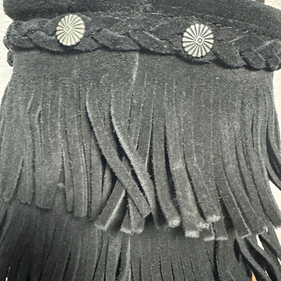 VTG MINNETONKA Suede Black Leather Fringe Mid Calf Moccasin Boots Sz 7 Festival - Picture 3 of 7